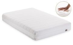 Matelas blanc Sanimatex en mousse à mémoire de forme, avec une main enfoncée dans la surface souple pour illustrer son effet de mémoire et son confort ergonomique.